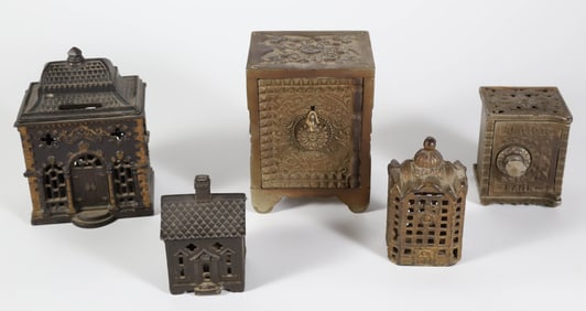 Collection of Five American Cast Iron Still Banks, 19th Century