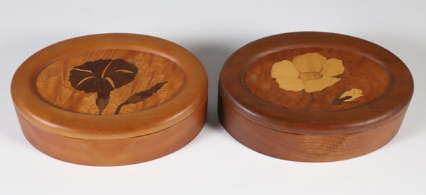 Two Floral Inlaid Tropical Fruit Wood Trinket Boxes by Wildfawn Woodcrafts Florence, MA