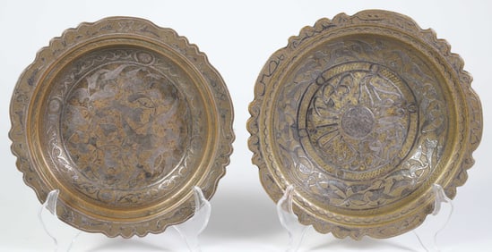 Two Antique Persian Chased Bronze and Silver Shallow Bowls