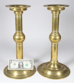 Pair of Antique Persian Engraved Brass Candlesticks, Dated 1914