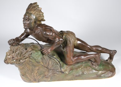 Vintage Cold Painted Metal Clad Sculpture of a Native American Indian Chief