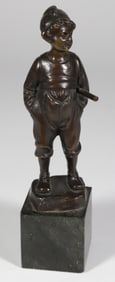 Petite Bronze Sculpture of a Young Boy Holding Playing Stick