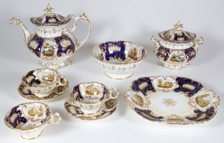 Rockingham Cobalt Blue Hand Painted Porcelain Partial Tea Set, 19th Century