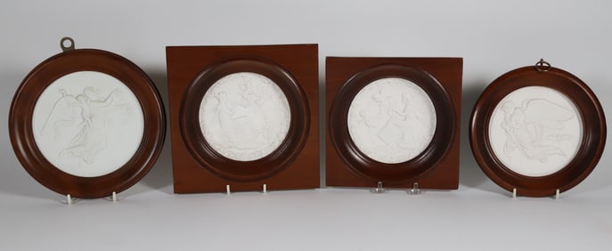 Set of Four Classical Bisque Tiles in Custom Mahogany Frames