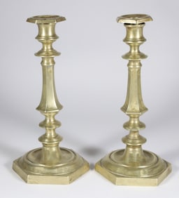 Pair of Antique Russian Multi-turned Brass Candlesticks, 19th Century