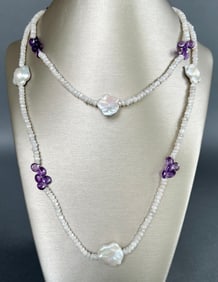 Moonstone, Amethyst and Shaped Pearl Necklace