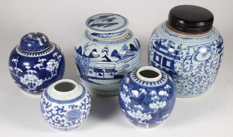 Assortment of Five Antique Chinese Ginger Jars