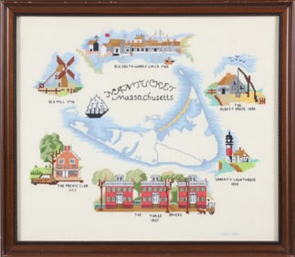 Needlework Nantucket Map with Iconic Landmarks