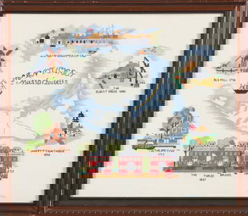 Needlework Nantucket Map with Iconic Landmarks: Needlework Nantucket Map with Iconic Landmarks, signed lower right E.J.C. 1996 in molded wood frame 14.5 in. x 17 in. Framed 17 in. x 19 in.