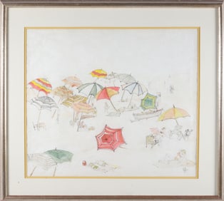 Watercolor on Rice Paper Beach Scene Signed Bellin