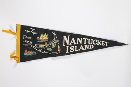 Vintage Nantucket Pennant with Island Map, Whale Ship Morgan, Rainbow Fleet and Prominent Landmarks