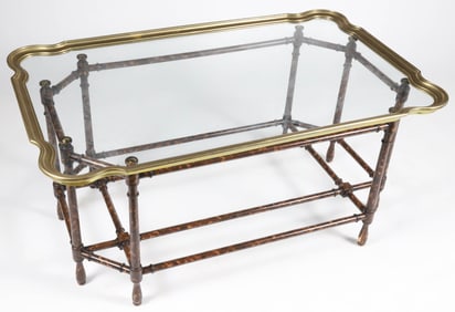 Faux Bamboo Decorated Wood, Glass and Brass Top Regency Style Coffee Table