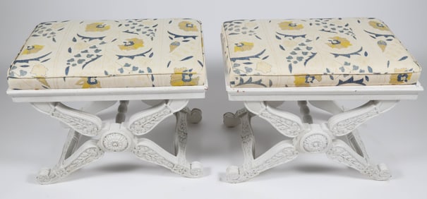 Pair of Contemporary White Painted Banquettes with Loose Upholstered Cushions