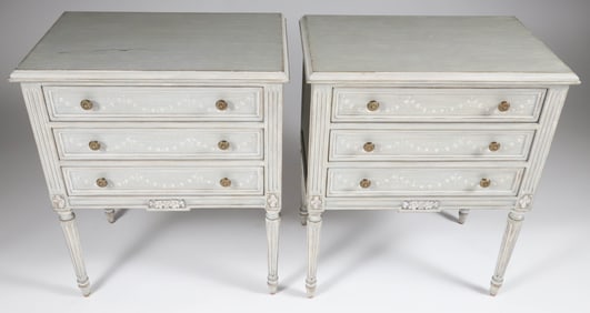 Pair of Contemporary Gustavian Style Decorated Three Drawer Night Stands