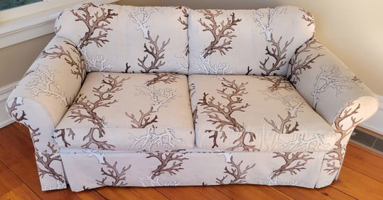 Designer Manuel Canovas Atoll - Teck Coral Fabric Upholstered Four-Cushion Love Seat