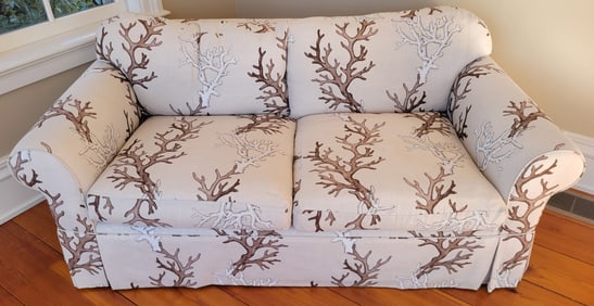 Designer Manuel Canovas Atoll - Teck Coral Fabric Upholstered Four-Cushion Love Seat