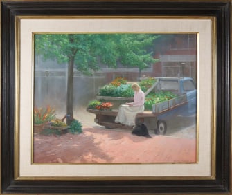Douglas Flackman (American b. 1957) Oil on Canvas "Nantucket Main Street Flower Stand"