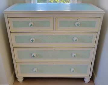 Baby Blue and White Paint Decorated Five-Drawer Tall Dresser