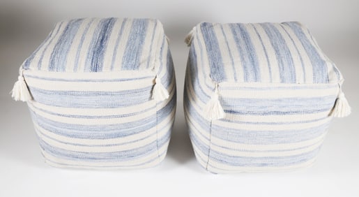 Pair of Serena & Lily Blue and White Upholstered Tasseled Square Poufs