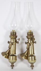 Pair of Gaudald French Ship's Gimbaled Brass Oil Lamps, 19th Century