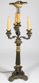 French Empire Two-Tone Patina Bronze Candelabra Lamp, 19th Century