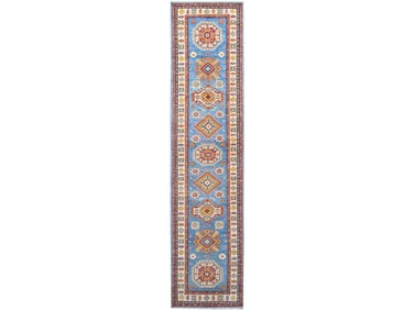 Steel Blue Hand Knotted Wool Kazak Oriental Runner Carpet