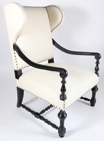 Contemporary Wood and Cream Upholstered Wing-back Lolling Chair