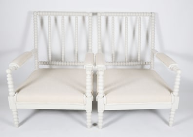 Pair of White Painted Spool Style Open Armchairs