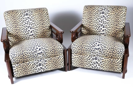 Pair of Vintage Art Deco Style Upholstered Teak Club Chairs in Leopard Printed Fabric