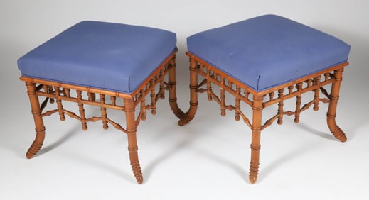 Pair of Faux Bamboo Upholstered Stools by Hickory Chair Company