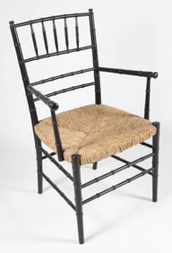 Sheraton Black Painted Bamboo Rush Seat Armchair, 19th Century