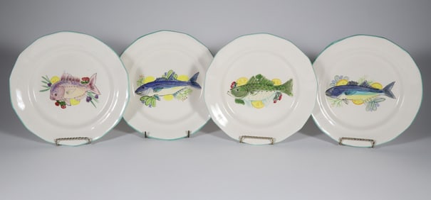 Set of Four Hand Painted Ceramic Folk Art Fish Plates, circa 1989