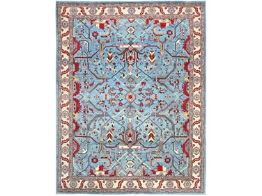 Celestial Blue Geometric Heriz Design Hand Knotted Wool Oriental Carpet