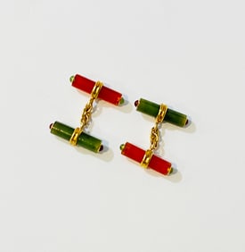 Pair of 18k Gold Seaman Schepps - Trianon Bar Cufflinks Set with Nephrite and Carnelian