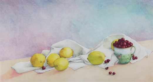 Rose Gonnella Watercolor "Tabletop Still Life Lemons", circa 1985