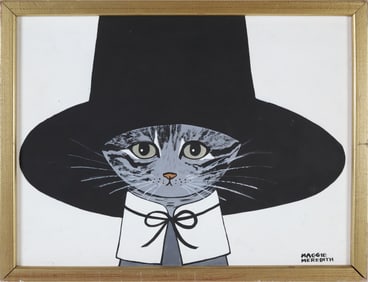 Maggie Meredith Oil on Painting on Masonite "Cat in a Black Hat"