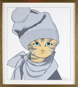 Maggie Meredith Oil on Canvas "Portrait of a Cat Wearing a Grey Winter Hat"