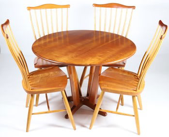Stephen Swift Round Cherry Dining Table and Set of Four Pomfret Windsor Dining Chairs
