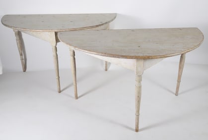 Pair of Gustavian White Washed Half-Round Console Tables, 19th Century