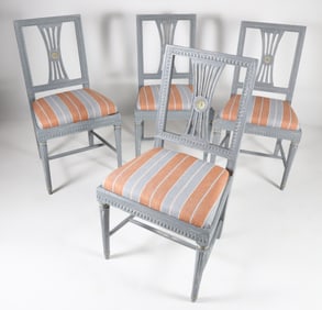 Set of Four Swedish Gustavian Blue / Grey Painted Side Chairs, 19th Century