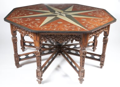 Rajasthan India Carved Octagonal Center Table, Hand Painted Top by Christina Wiggins