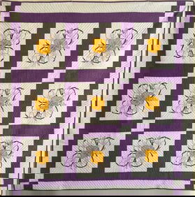 Spring-time Pansy Applique and Embroidered Quilt, circa 1940s