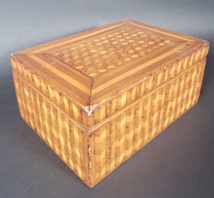 Antique Tumbling Block Geometric Multi Wood Inlaid Box, 19th Century