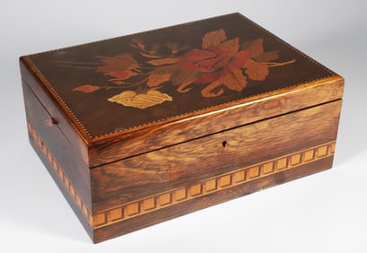 Vintage Mahogany Floral Inlaid Sewing Box with Tray Insert