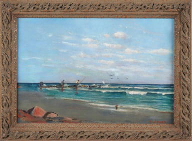 G.Alford American School Oil on Canvas "Surfcasting"