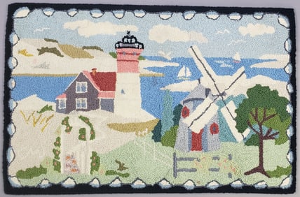 Vintage Claire Murray Pictorial Coastal Lighthouse Hooked Rug Carpet, 20th century