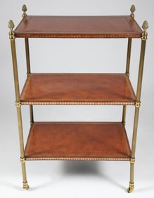 Reeded Brass and Tooled Leather Three-Tier Etagere, Contemporary