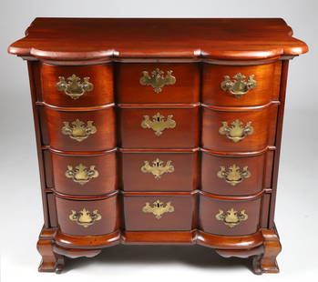 Mahogany Serpentine Front Chest of Four Drawers, 19th Century: Mahogany Serpentine Front Chest of Four Drawers, 19th Century, brass Chippendale hardware, bracket feet Height 34 in. Width 37 in. Depth 18 in.