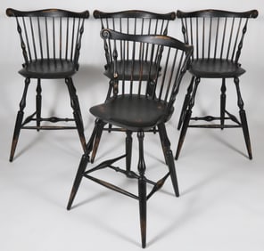 Set of Four Black Painted Warren Chair Works Windsor Style Bar Stools