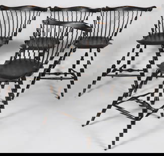 Set of Four Black Painted Warren Chair Works Windsor Style Bar Stools: Set of Four Black Painted Warren Chair Works Windsor Style Bar Stools, signed underneath Height 40 in. Width 18 in. Depth 17.5 in. Seat Height 26 in.